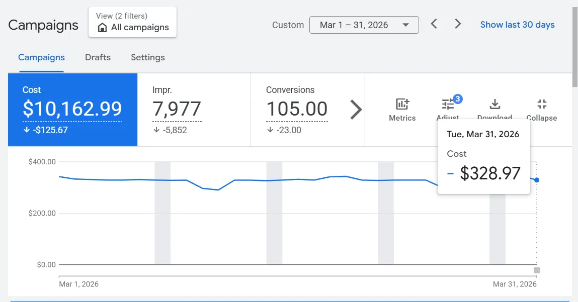 Google Ads account screenshot — Youth mentorship nonprofit