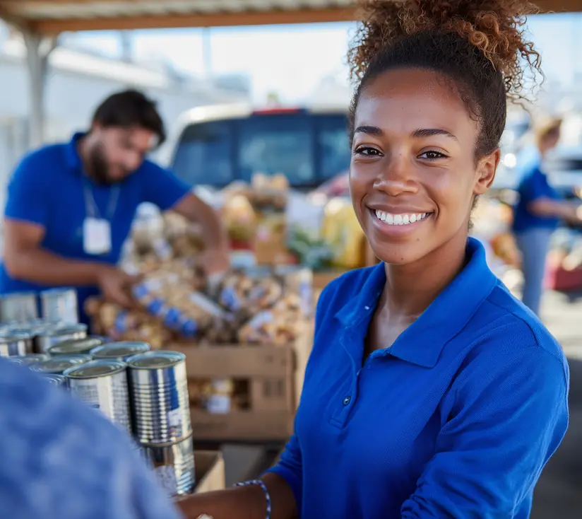 Food bank volunteer smiling next to donated groceries