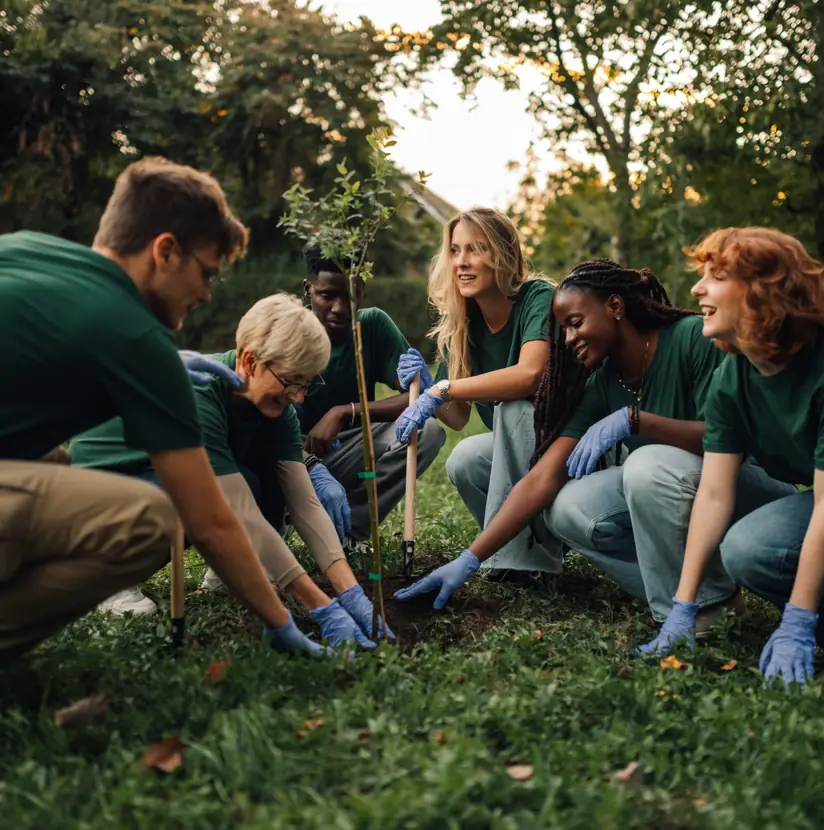 Volunteers in green T-shirts planting a young tree together